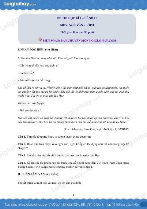 Đề số 11 - Đề kiểm tra học kì 1 (Đề thi học kì 1) - Ngữ văn 8
